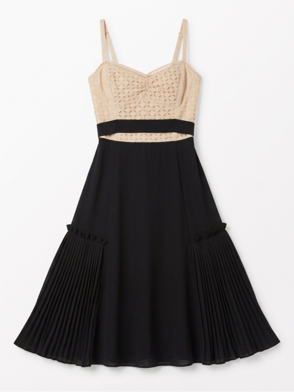 BCBG MAXAZRIA Summer Chiffon Beige and Black Spaghetti-Strap Midi Dress